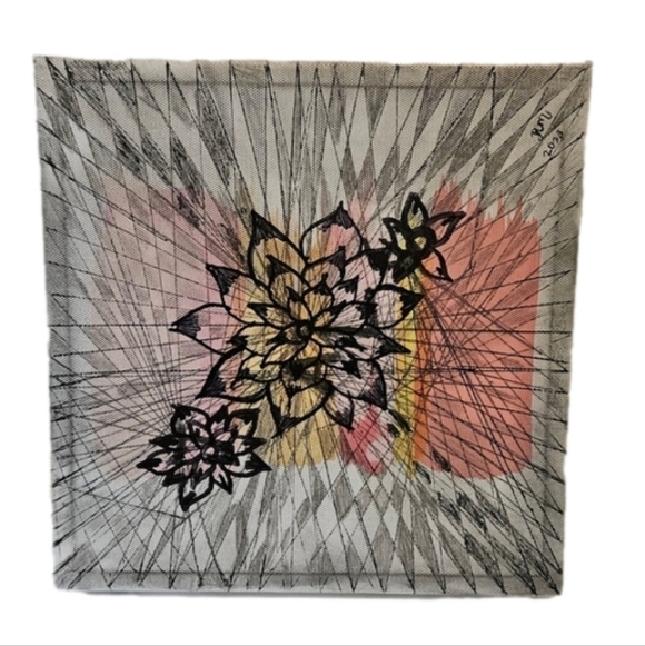 Hand Crafted unique pencil & sharpie on white canvas 3-D Upcycled artwork Floral - Picture 1 of 8